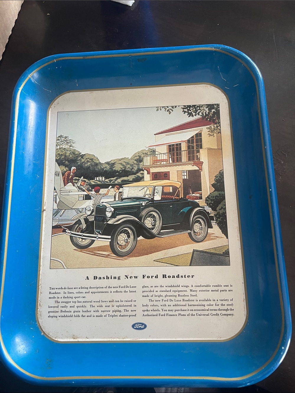 Ford Blue-Trim Metal Advertising Tray with Roadster Illustration